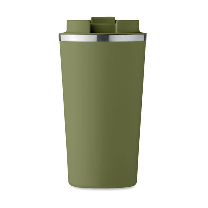 A drink bottle in olive green with a silver band at the top and a branded logo.