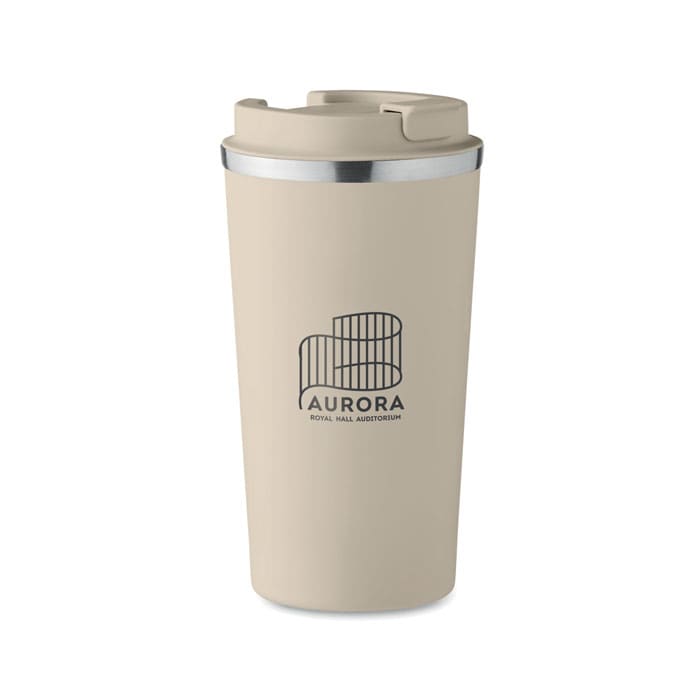 A drink bottle in a cream colour with a stainless steel rim and a logo on the front.