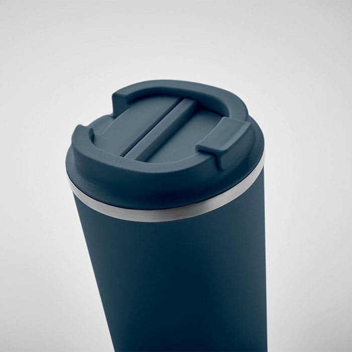 A drink bottle in dark blue with a silver band and a secure flip-top lid. It features a logo on the side.