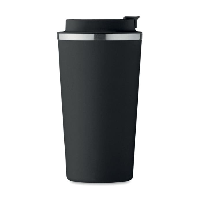 A black drink bottle with a stainless steel band around the top and a lid. It features a sleek, modern design.
