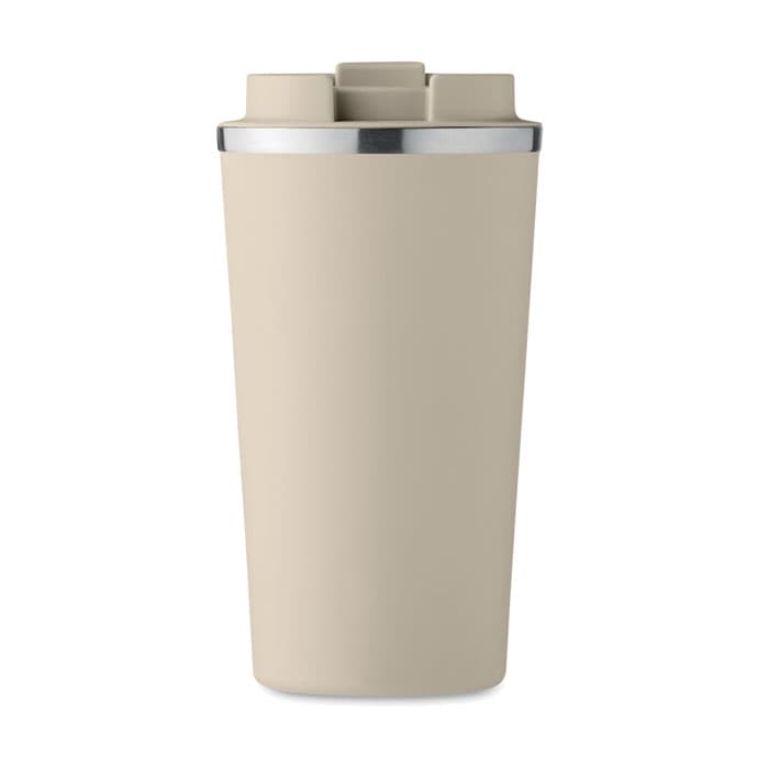 A drink bottle in a beige colour with a silver band at the top and a logo on the side.