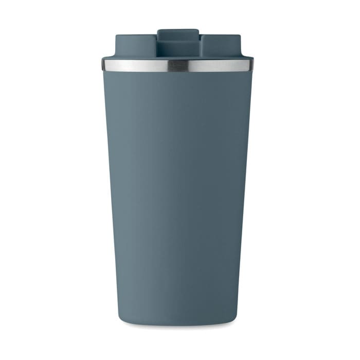 A drink bottle in a dark blue colour, featuring a stainless steel rim and a lid. It has a branded logo.