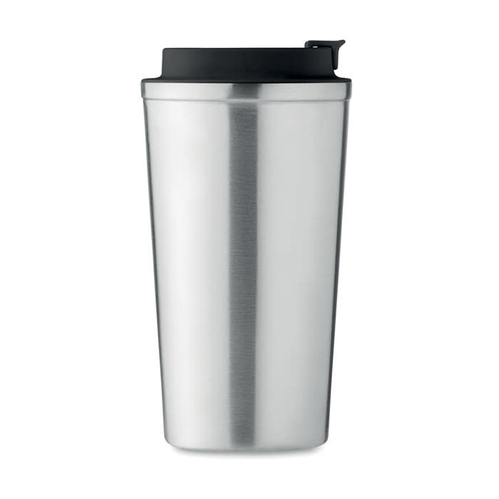 A stainless steel drink bottle with a black lid and a sleek, shiny finish. Features a branded logo.