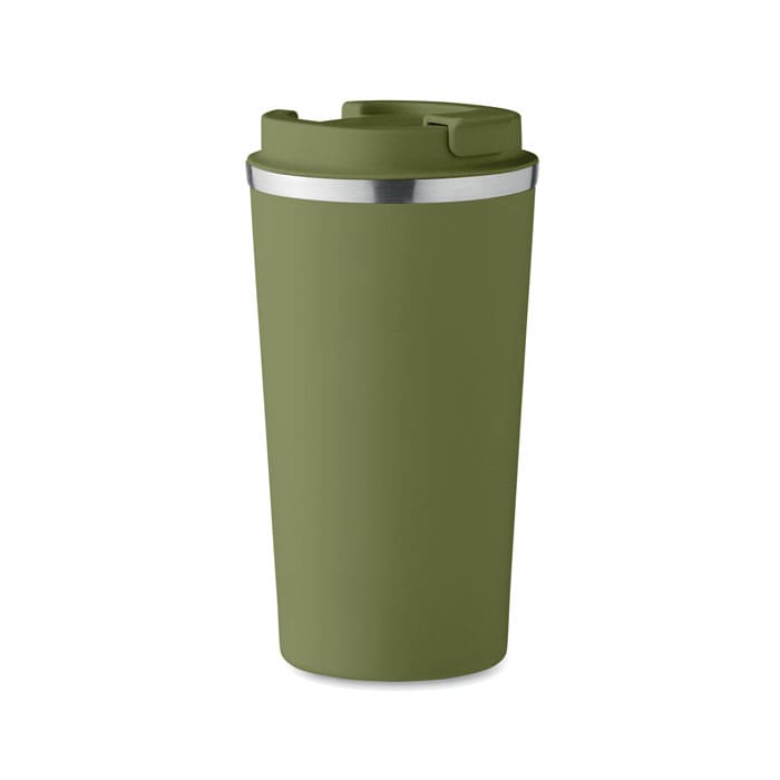 A drink bottle in olive green with a stainless steel rim and a lid. Features a sleek, modern design.