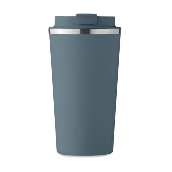 A drink bottle in a dark blue colour with a stainless steel band and a secure lid.