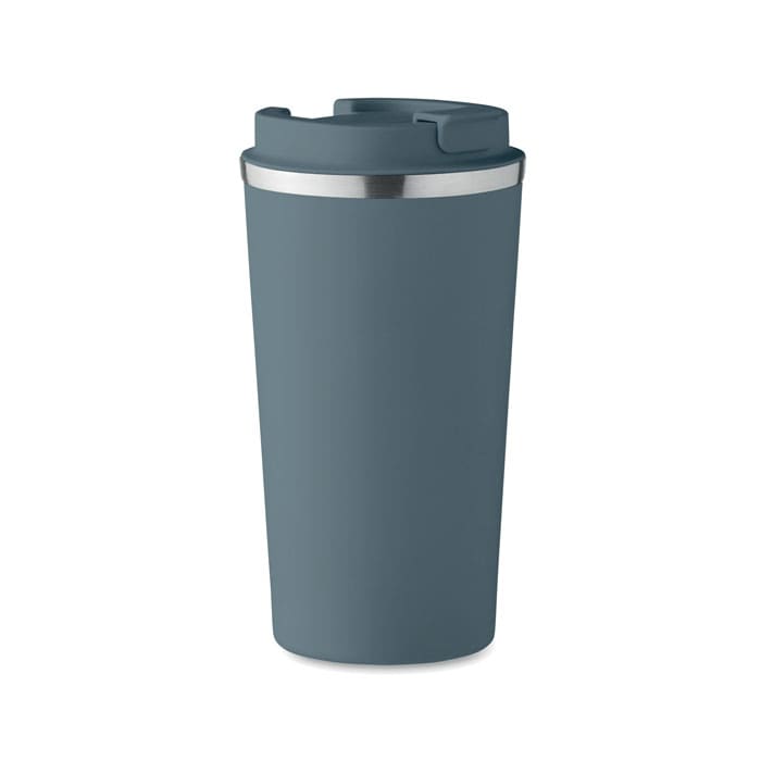 A drink bottle in a dark blue colour with a silver band around the top and a lid. It features a logo on it.