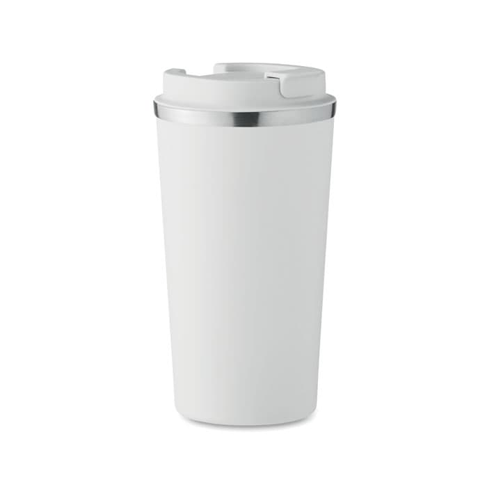 A drink bottle in white with a silver band and a lid. It has a smooth surface and a sleek design.