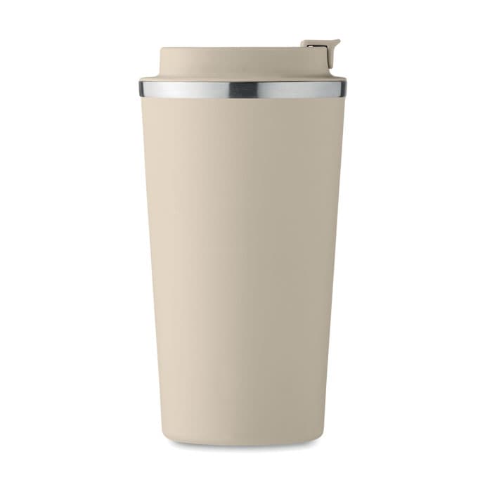 A drink bottle in a beige colour with a stainless steel rim and a secure lid, featuring a logo.