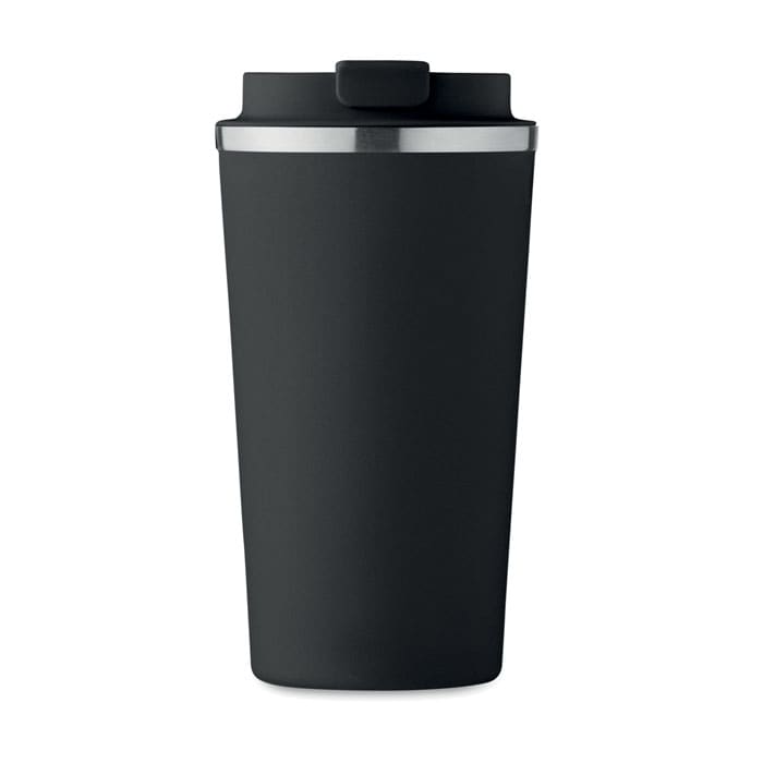 A black drink bottle with a rounded shape, featuring a lid and a shiny metal band.