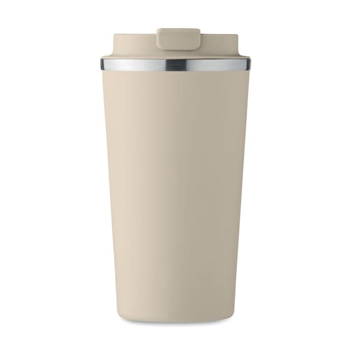 A beige drink bottle with a stainless steel lid and a sleek design, featuring a logo on the side.