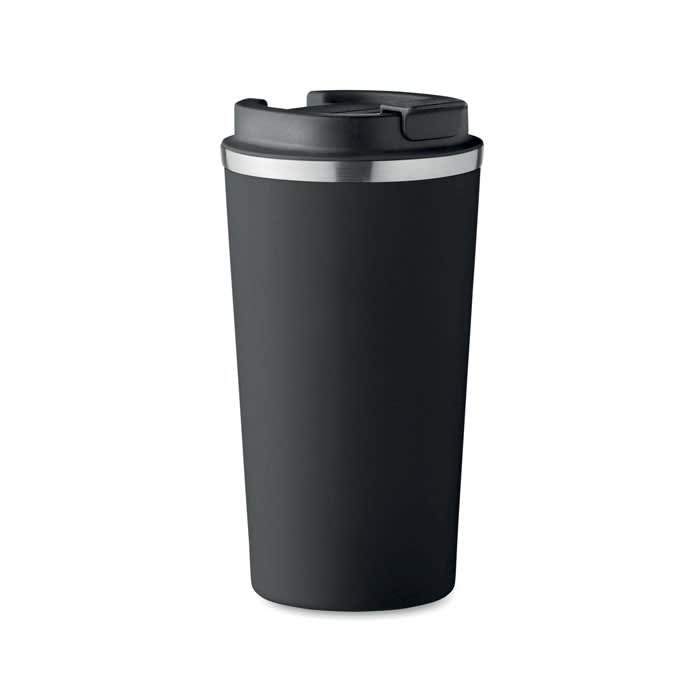 A black travel mug with a silver band around the top and a lid, designed for hot beverages.