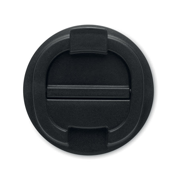 A black drink bottle lid with a flat top and two side grips. It features a simple, rounded design.