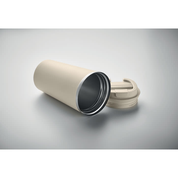 A drink bottle in a light beige colour, featuring a screw-on lid and a cylindrical design.