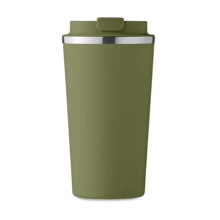 A drink bottle in a matte olive green finish with a silver band and a push-top lid. It features branding.