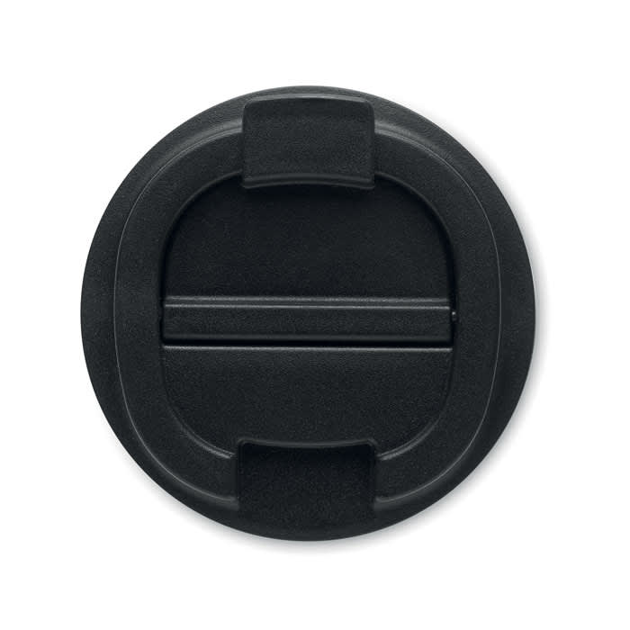A black drink bottle lid with a secure grip and a two-part opening mechanism. It features a logo.