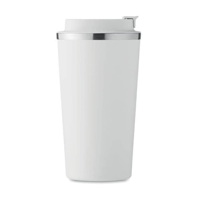 A white drink bottle with a silver band around the top and a sliding lid. It features a logo on the side.