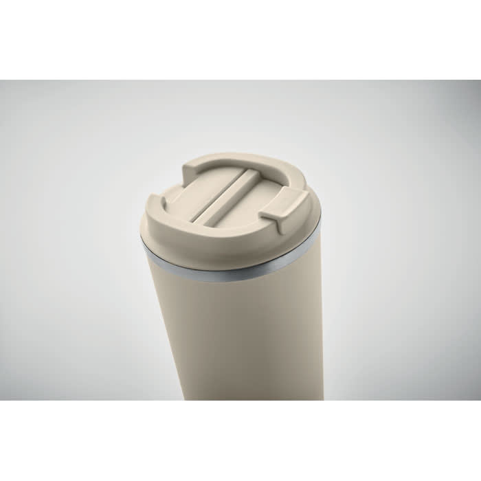 A drink bottle in a light beige colour with a silver rim and a secure lid. It features a branding logo.