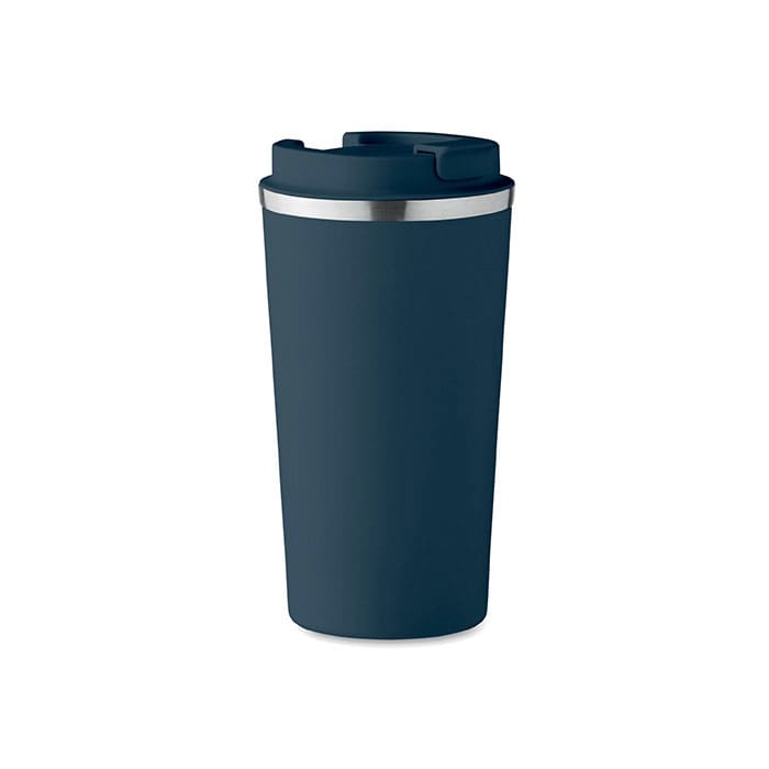 A drink bottle in dark blue with a stainless steel rim and a secure lid. It features a branding logo.