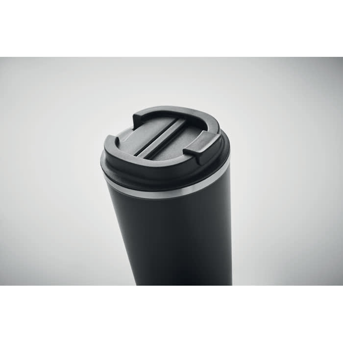 A black drink bottle with a silver band and a slider lid, featuring a built-in handle.