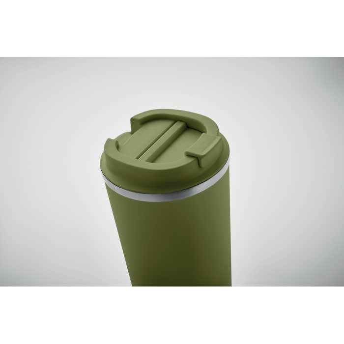 A drink bottle in olive green with a secure, slidable lid and a silver rim. Features a branding logo.