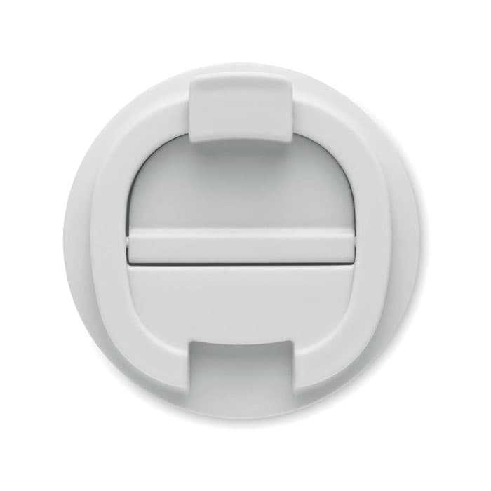 A grey drink bottle lid with a circular design and a central sliding mechanism, featuring a branding logo.