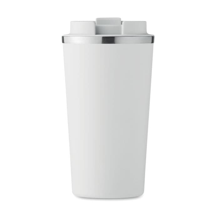 A white drink bottle with a silver accent and a textured lid, featuring a logo.