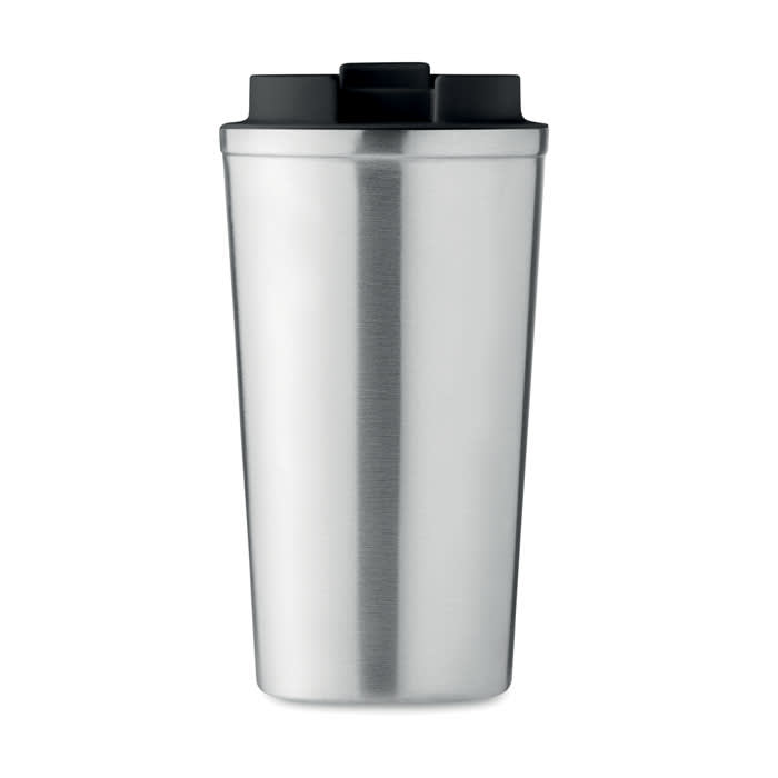 A stainless steel drink bottle with a black lid and a sleek, shiny finish. It features a logo on the side.