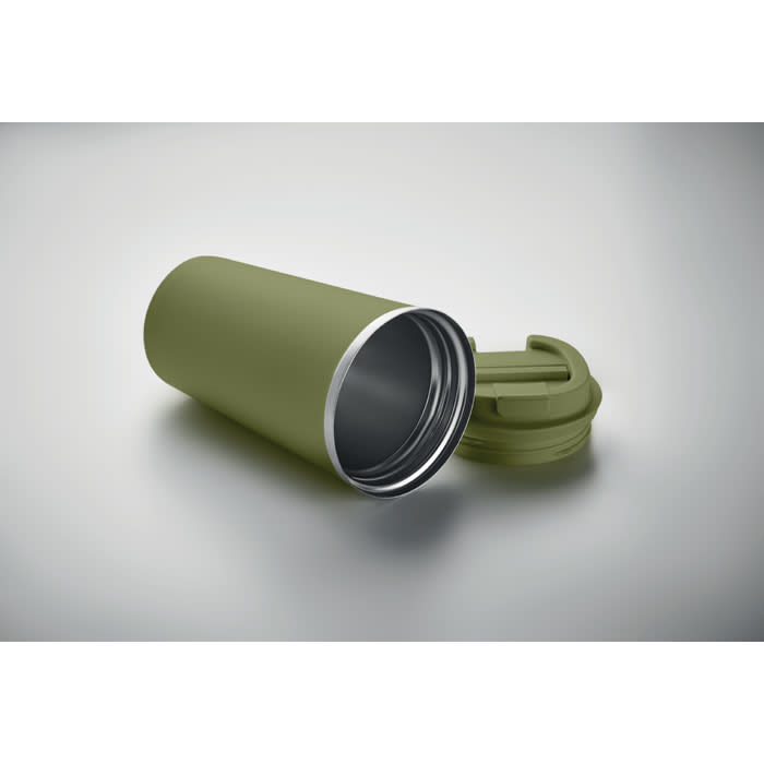 A drink bottle in olive green with a grey interior and a twist-off lid, featuring a logo on the side.