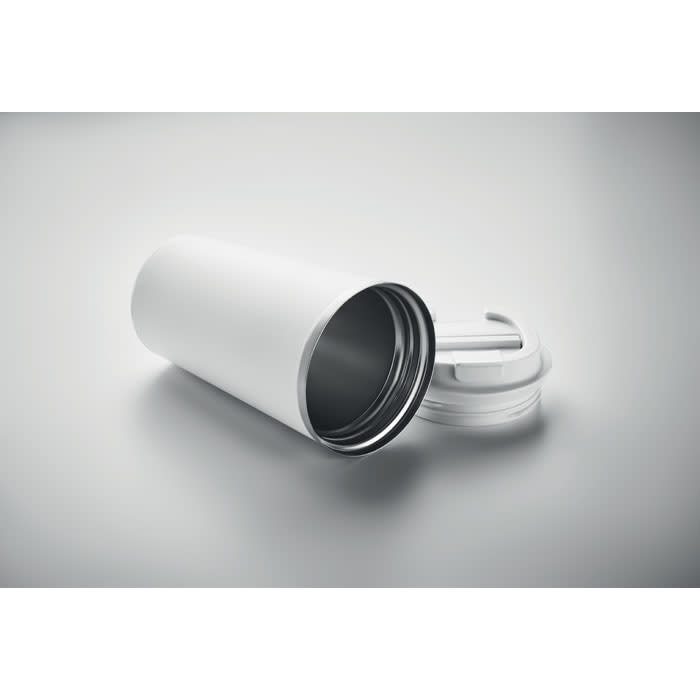 A white drink bottle with a silver stainless steel interior and a twist-off lid, featuring a logo.