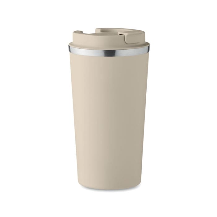 A drink bottle in a light beige colour with a silver rim and a flip-top lid. It features a logo.