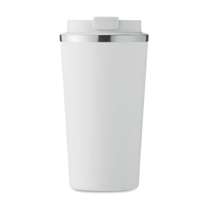A white drink bottle with a silver band at the top and a secure lid. It features a minimalist design.