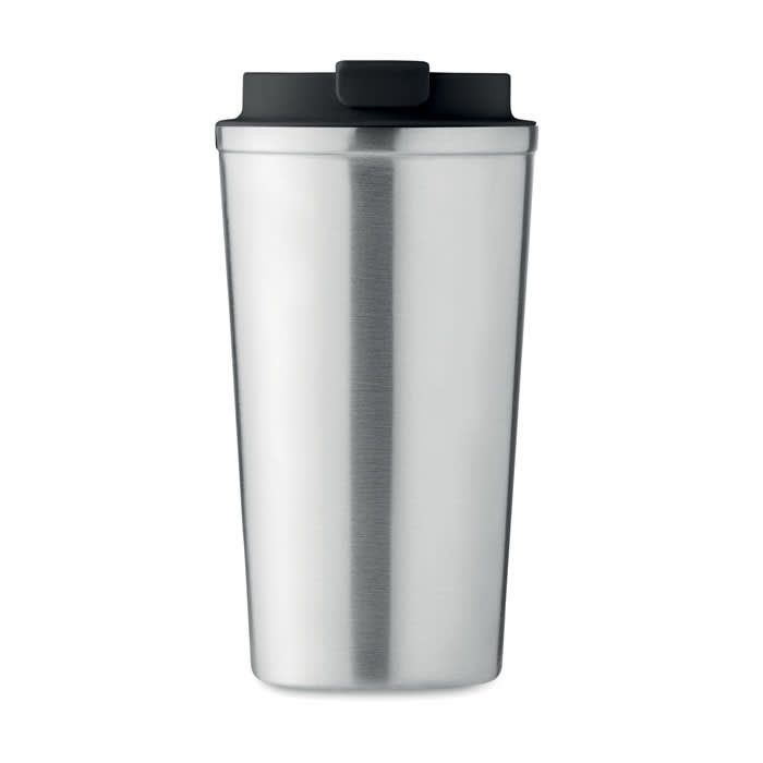 A stainless steel drink bottle with a black lid and a logo on the side.