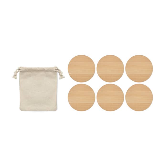 A canvas pouch containing six wooden coasters, all round in shape. The coasters have a light timber finish.