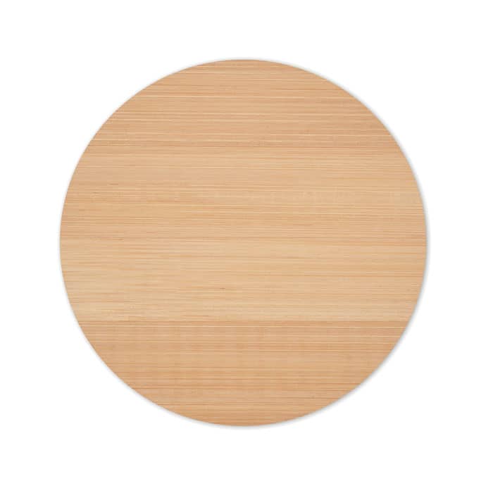 A round bamboo serving board with a smooth, light brown surface and subtly textured finish.