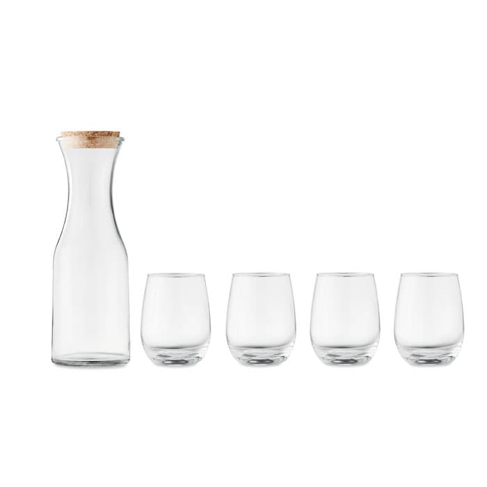 A drink bottle and four matching glasses made of clear glass, featuring a cork stopper on the bottle.