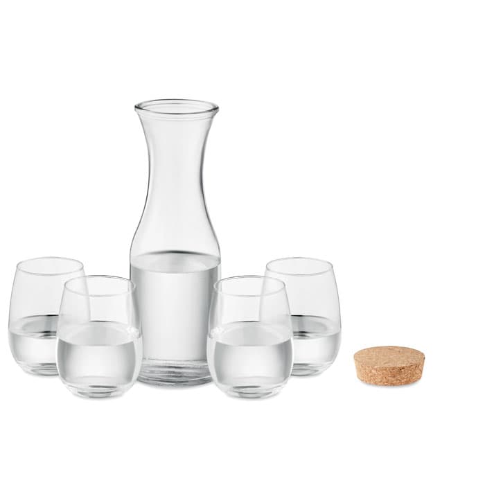 A glass drink bottle with four matching glasses, all filled with water, accompanied by a cork stopper.