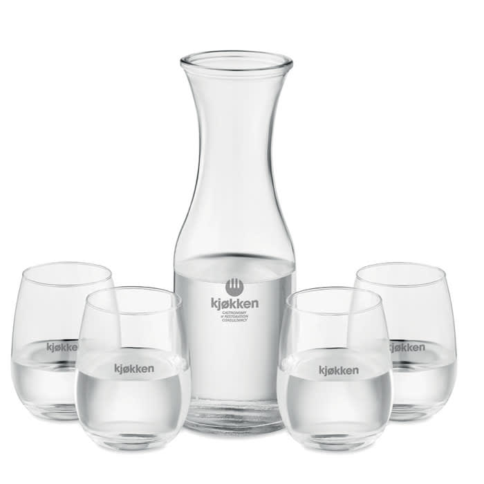 A drink bottle and four clear glass tumblers, all featuring a simple, modern design and a logo.