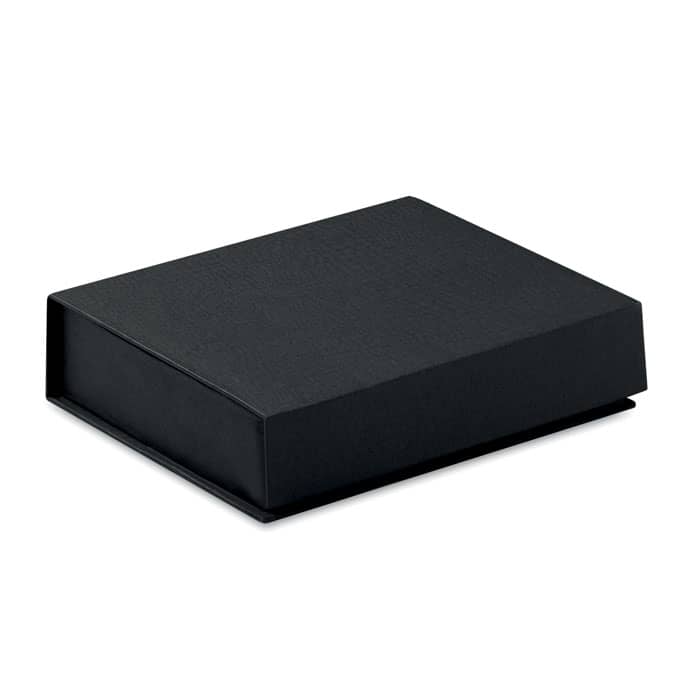 A black rectangular box with a hinged lid, featuring a simple, elegant design.