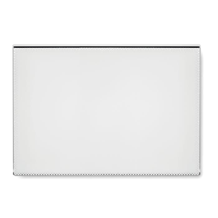 A blank white placemat with a simple black border and a textured finish, featuring a subtle stitched edge.