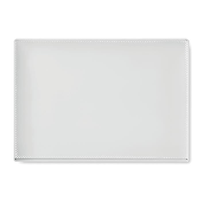 A clear, rectangular display stand with a smooth surface and rounded edges, featuring a logo at the bottom.