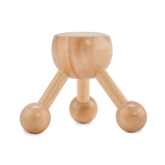 A wooden stand with three legs, featuring a round top and spherical bases, crafted from light wood.