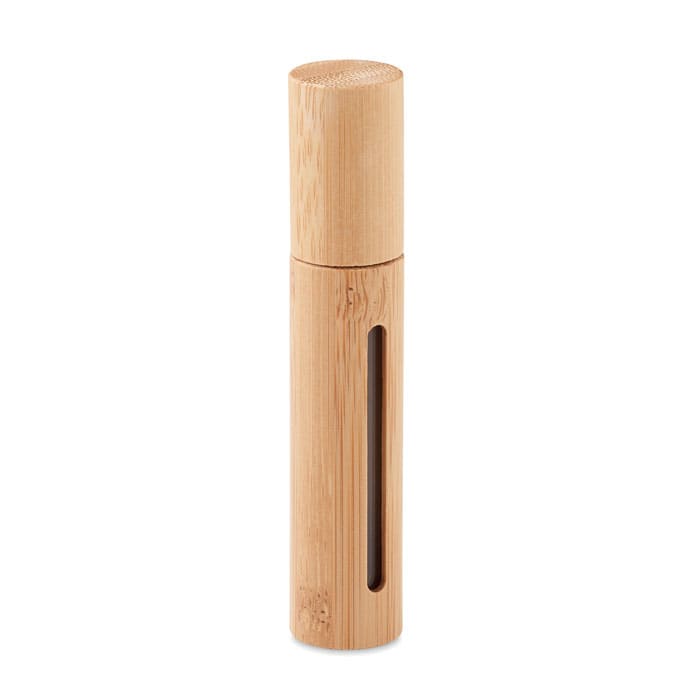 A drink bottle made of bamboo with a rounded design and a small viewing window. It features a wooden lid.