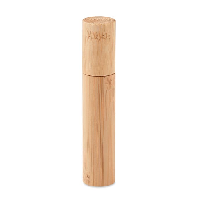 A drink bottle made of bamboo, featuring a cylindrical shape and a lid. It has a logo.