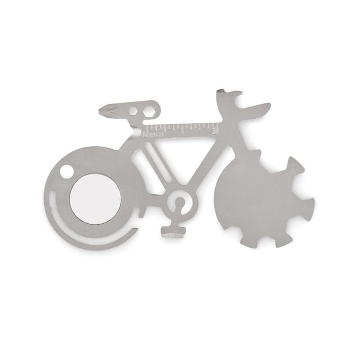 A multi-tool shaped like a bicycle, featuring a silver finish and various functions for practical use.