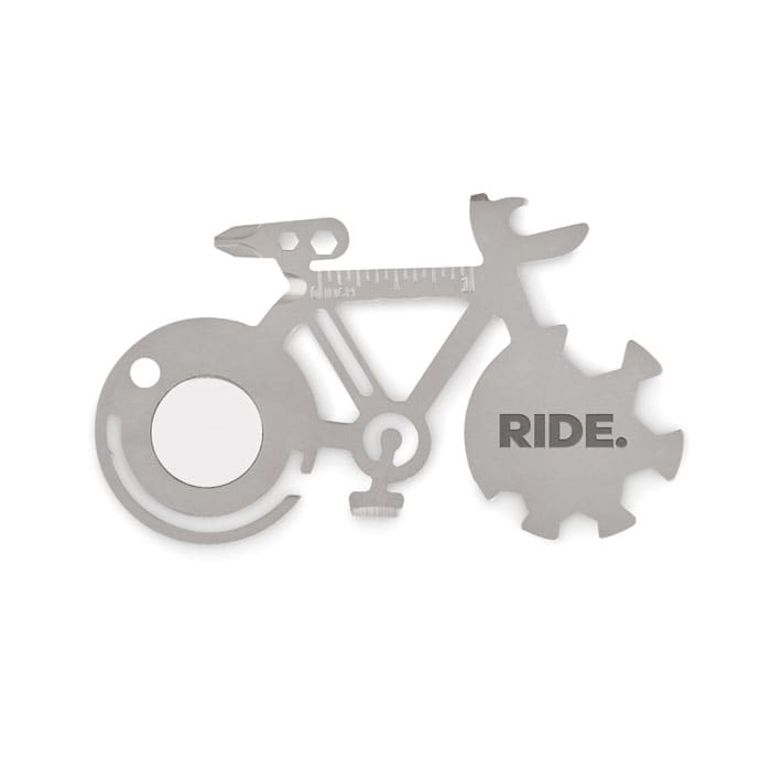 A multi-tool shaped like a bicycle, featuring a bottle opener and screwdriver, in metallic silver with an engraved logo.