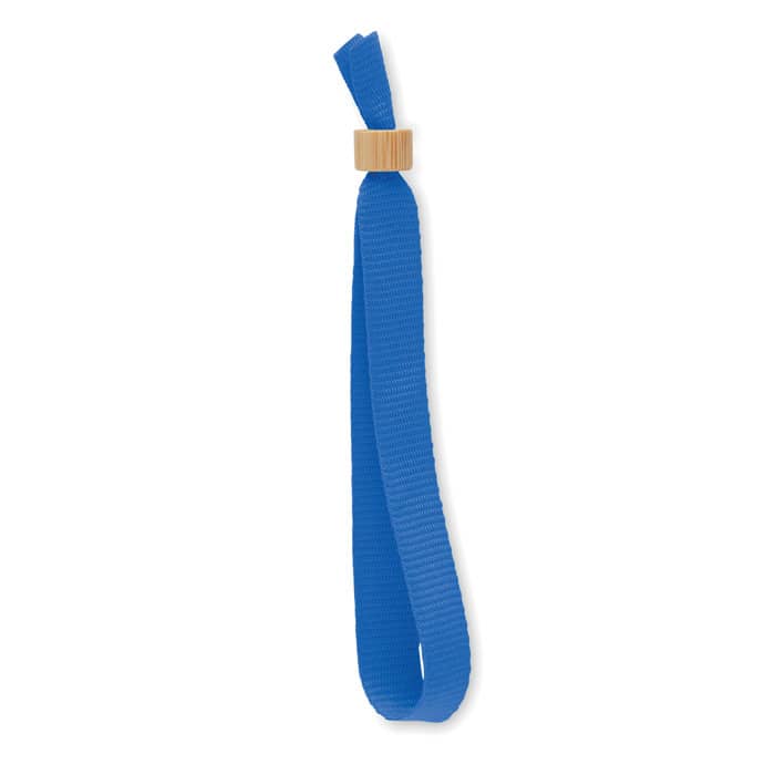 A blue drink bottle strap with a wooden accent, designed for easy carrying. Features a logo.