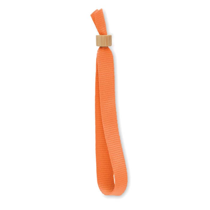 An orange drink bottle strap featuring a wooden toggle for easy attachment.