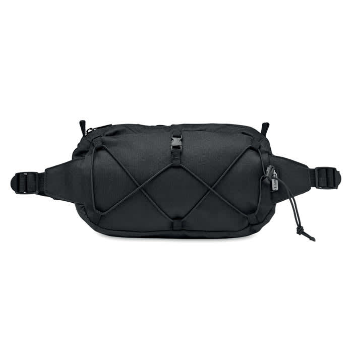A black waist bag featuring adjustable straps and an exterior bungee cord design. It has a logo on the surface.
