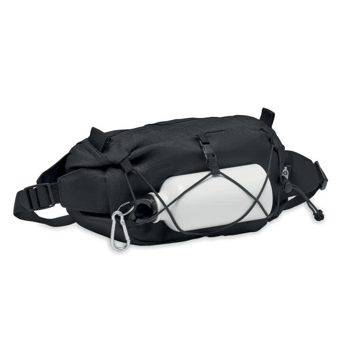 A drink bottle in a black waist bag with bungee cord detailing and a carabiner attachment.