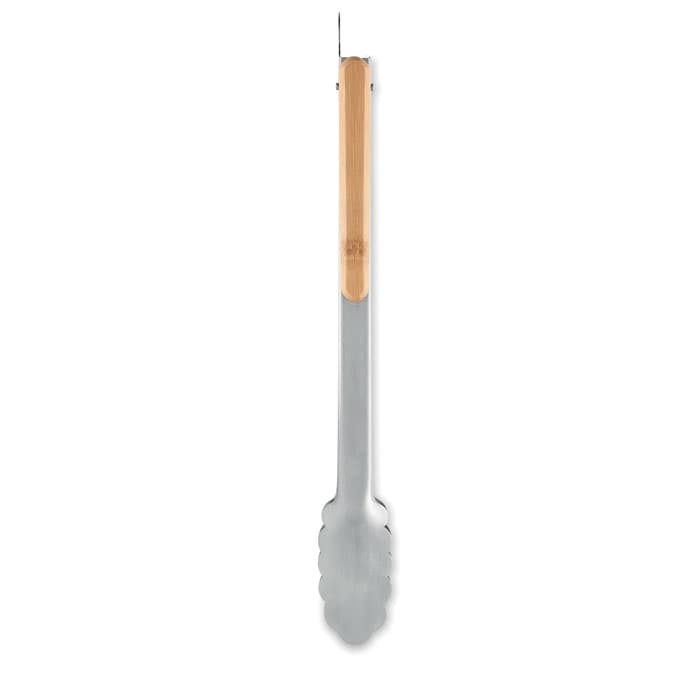 Stainless steel tongs with a wooden handle, featuring a sleek design and a rounded, scalloped end.